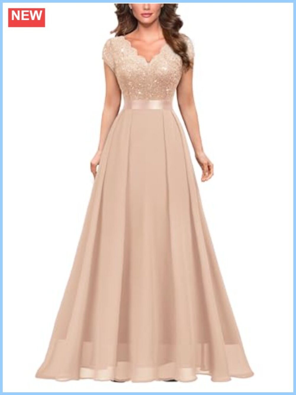 V-Neck Sequined Floral Lace Formal Evening Maxi Dress